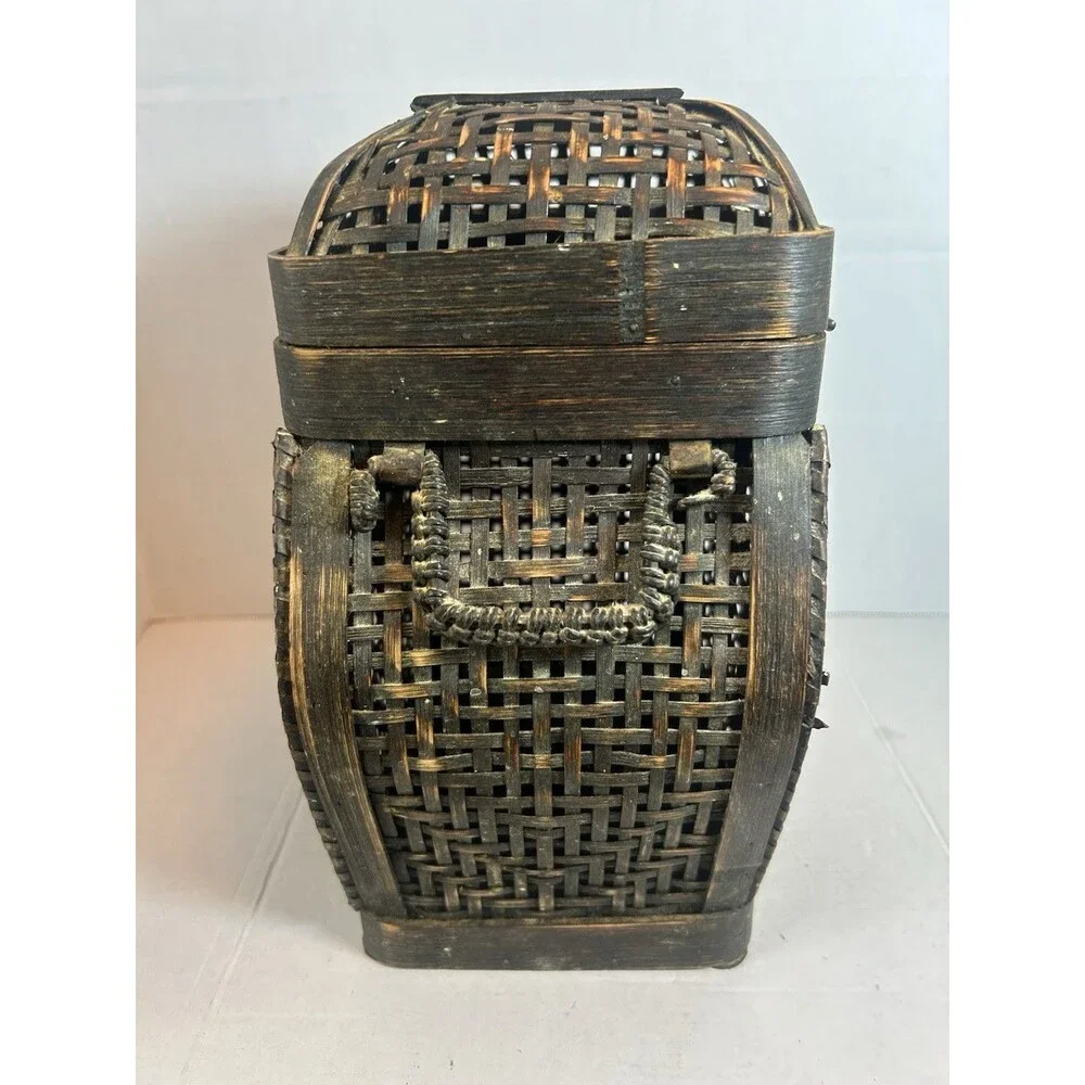 Vintage Woven Wood Basket Box Latch Lid Rustic Decor Storage 11” Tall